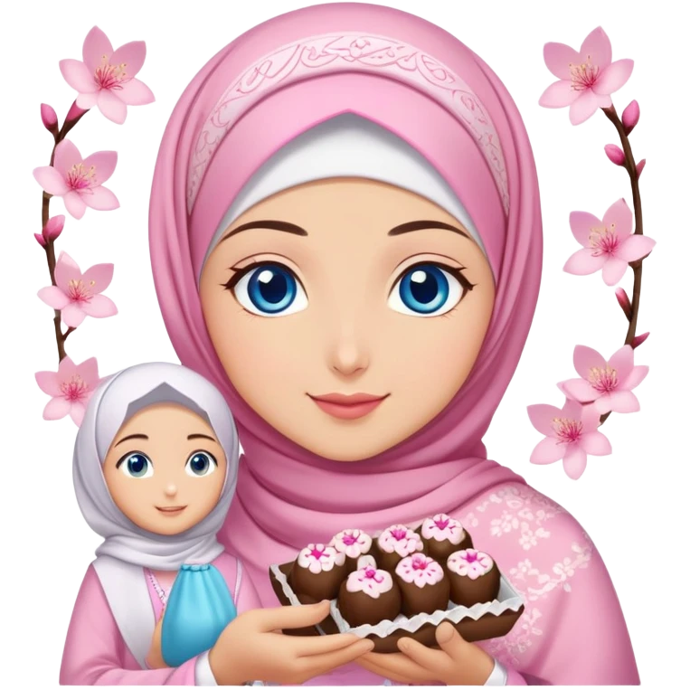 Turkish beautiful finish Konya girl blue eyes with cherry blossom hijab islamic dress and had on her hand text Eid Mubarak with sweets and celebrating with her friends eid days   emoji
