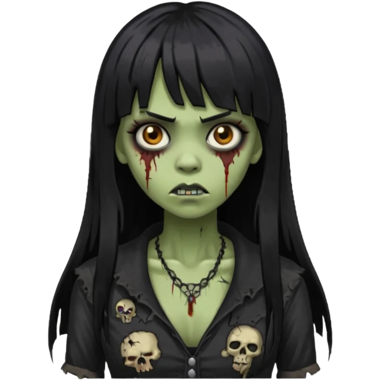 vampira gótica parda zumbi de cabelo longo e preto e franja e roupa com decote emoji