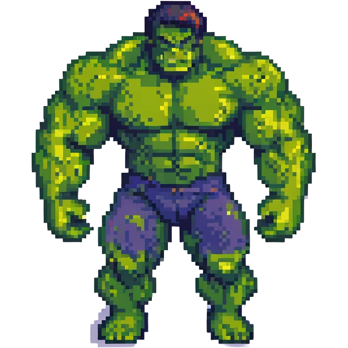 Add a pixel art city background behind Hulk flexing muscles, keep the style consistent with pixel art style. emoji