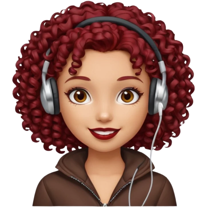 generate a pretty bratz girl curly dark red hair, brown lipstick on, wired earphones on, smiling emoji