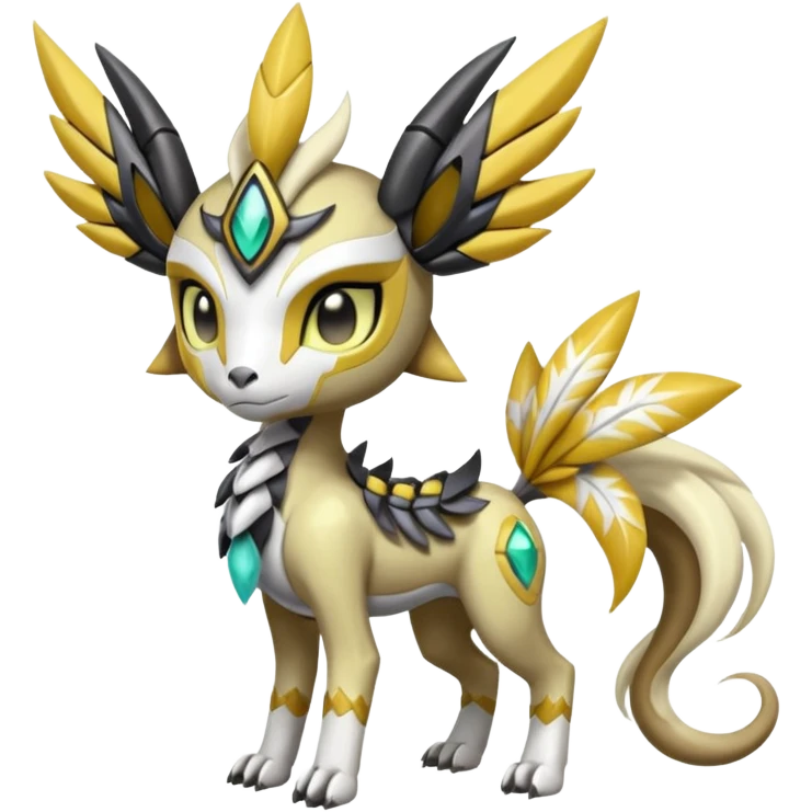 Cute Baby Colorful Shiny Tribal Skeletal masked armored Meloetta-Silvally-Solgaleo-Raikou-Pokémon-Digimon-Fakémon-fusion-hybrid-creature, full body emoji
