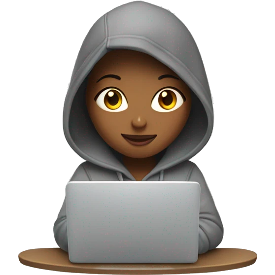Girl in a hoodie with open laptop and big mug of coffee emoji