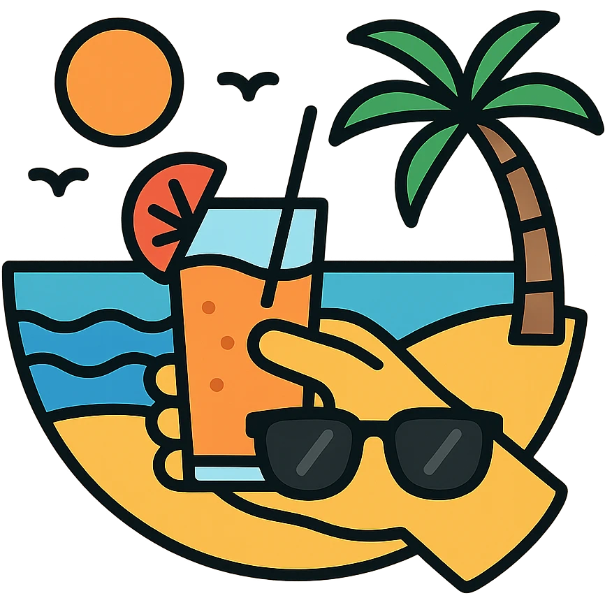 a hand with sunglasses holding a glass of fruit juice, beach background icon emoji