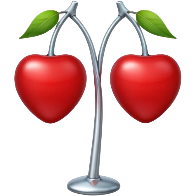 A pair of cherries emoji made of polished silver chrome, smooth rounded shapes, glossy metallic finish, soft highlights and reflections, cute proportions, iOS emoji style, centered, clean white background, no text emoji