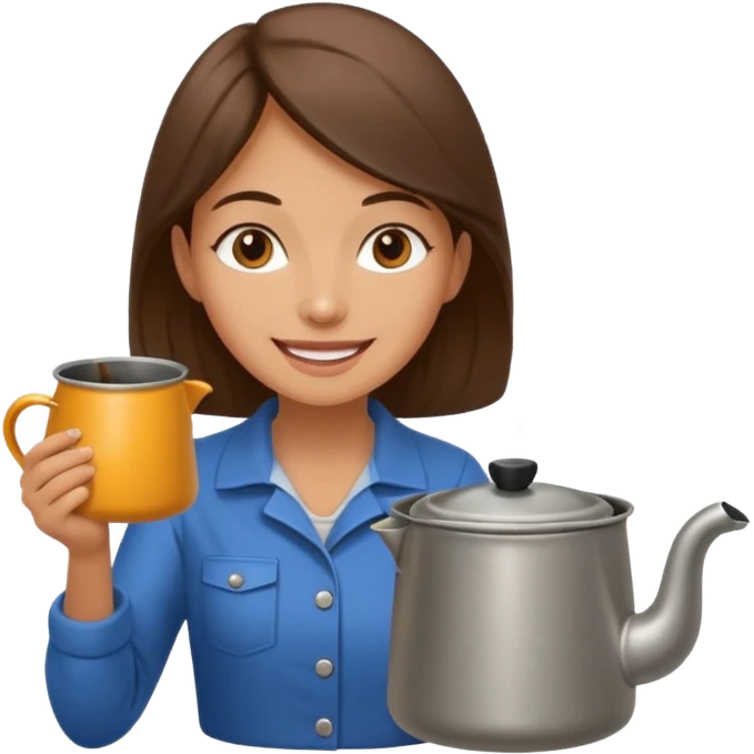 A cheerful female camper brewing coffee in a small metal pot. emoji