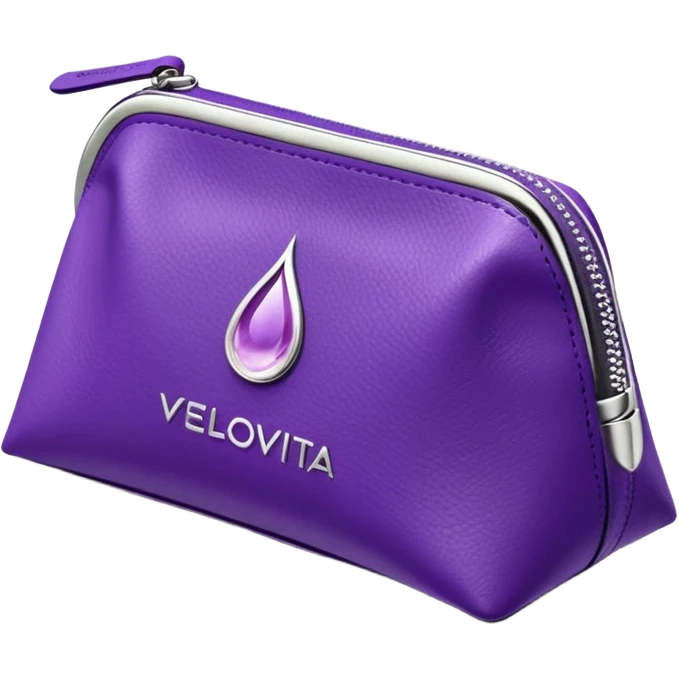 compact high-end purple supplement pouch with shiny silver highlights and simple droplet logo, VELOVITA RESERVE antioxidant product, contemporary premium look emoji