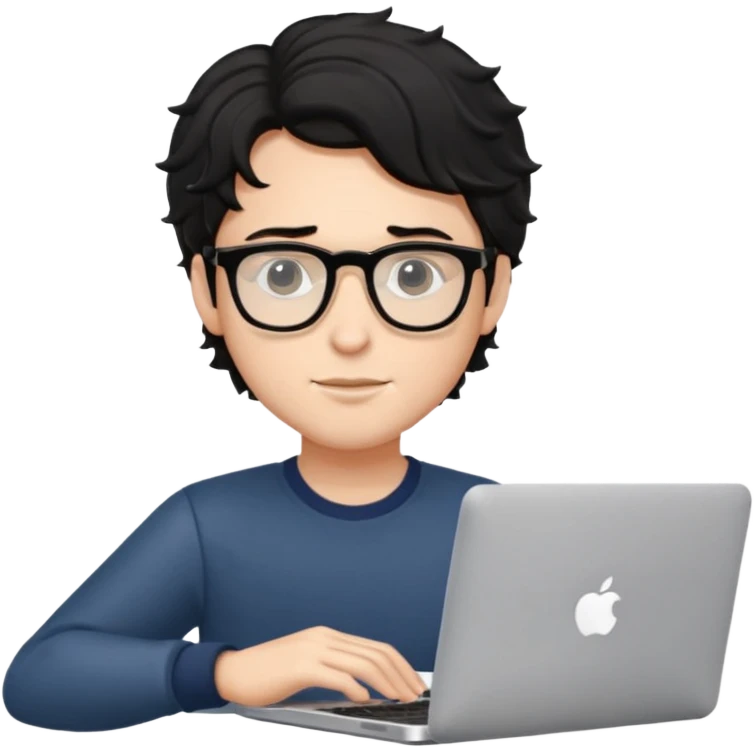 guy with wavy black hair and skin tone a little bit white and glasses, with a macbook emoji