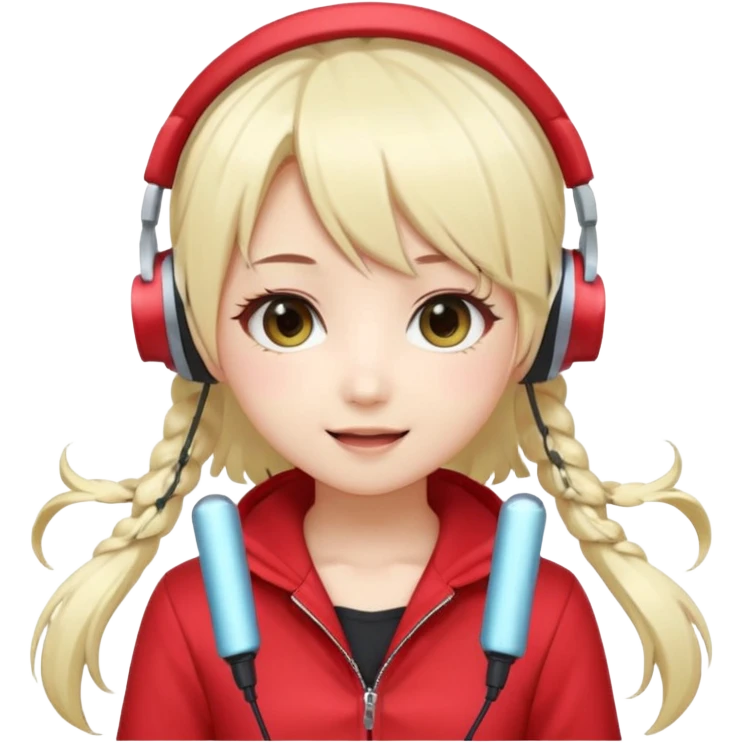 Cute kawaii emoji-style Japanese K-pop singer girl, long platinum blonde hair in twin tails, red outfit, headset mic on cheek, Japanese K-pop idol vibes, big sparkling eyes, chibi proportions, clean lineart, pastel colors, cheerful idol smile, sticker/emoji style, transparent background emoji
