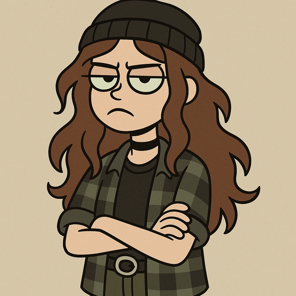 a girl with wavy long brown hair, green eyes, grunge style, cartoon style emoji