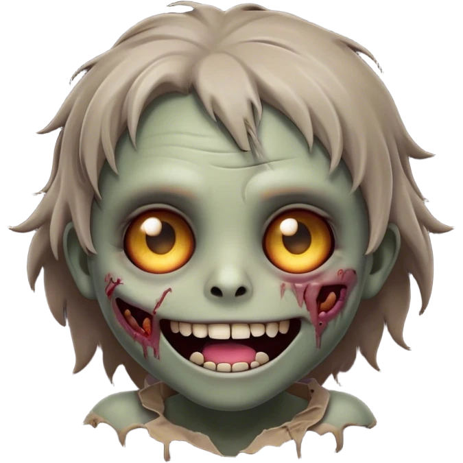 Cinematic Cute Zombie Portrait Emoji, with a delightfully quirky, slightly disheveled face in muted ashen hues, featuring quirky bright eyes and a playful, stitched-together smile, simplified yet irresistibly charming, highly detailed with a soft glowing outline that captures the adorable, offbeat spirit of a zombie who’s more cute than creepy! emoji