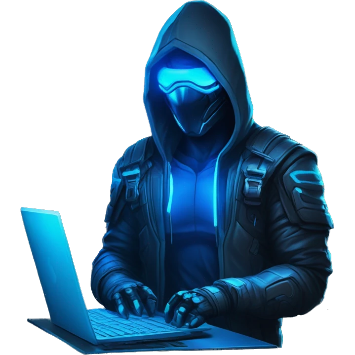 developer behind his laptop with this style : crysis Cyberpunk Riot Games Valorant neon glowing bright blue character blue black hooded assassin themed character emoji