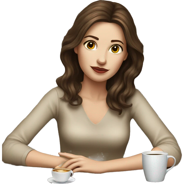 Side view realistic posh brown haired pale woman sits at the coffee table emoji