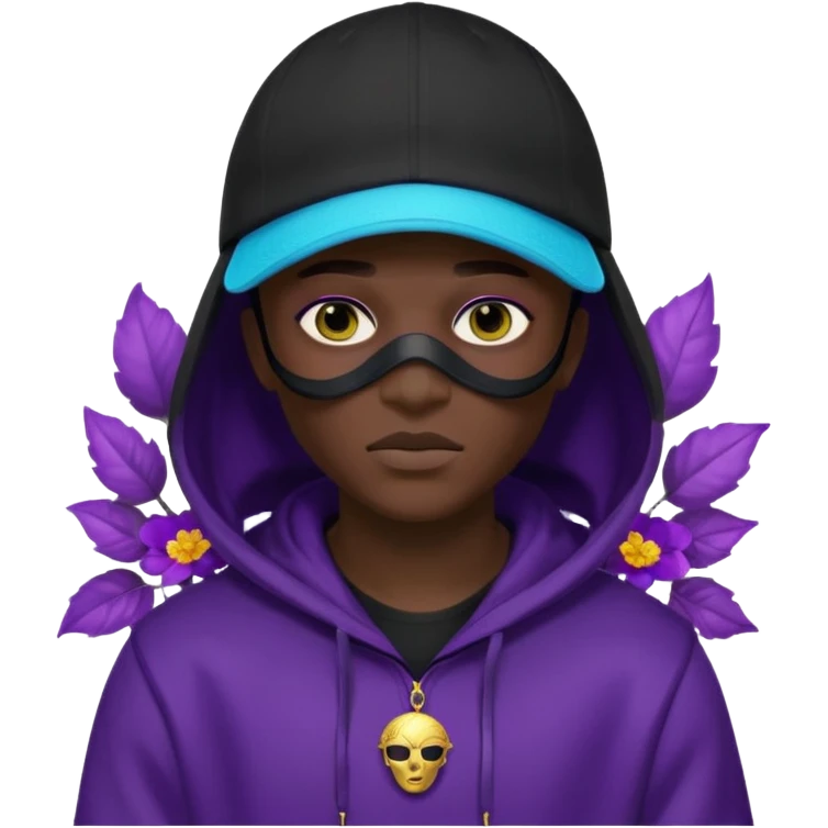 no visible face cartoon blacked character related to a shadow, with all black clothes, focusing a hoodie with his cap on, and a versace face mask covering his entire face, just his purple shadow eyes making a light bloom emoji