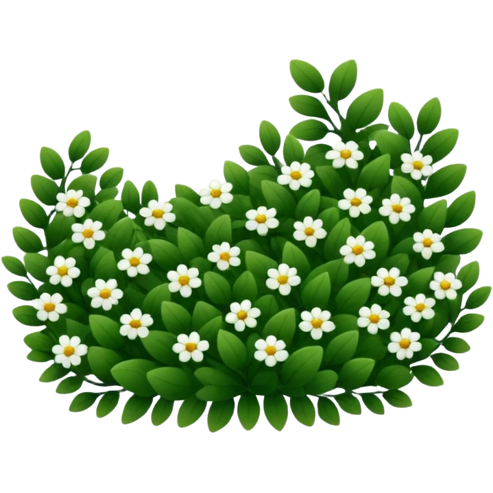 A dense bush with dark leaves and a curved organic shape with small white flower emoji