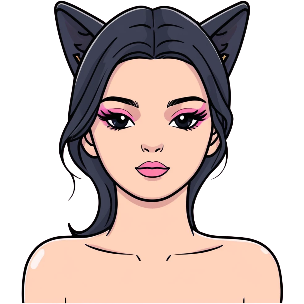 Kendall Jenner, elongated face, long flowing hair, pink glossy lipgloss, pink blush on cheeks, cat-eye winged eyeliner, bare shoulders and upper body emoji