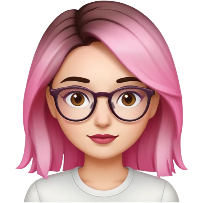 woman with gradient hair from dark to pink with glasses, brown roots, brown eyebrow, flirting emoji