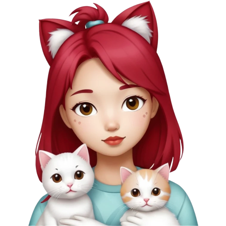 cute cool asian girl with cherry cola hair holding 1 white cat with grey spots emoji