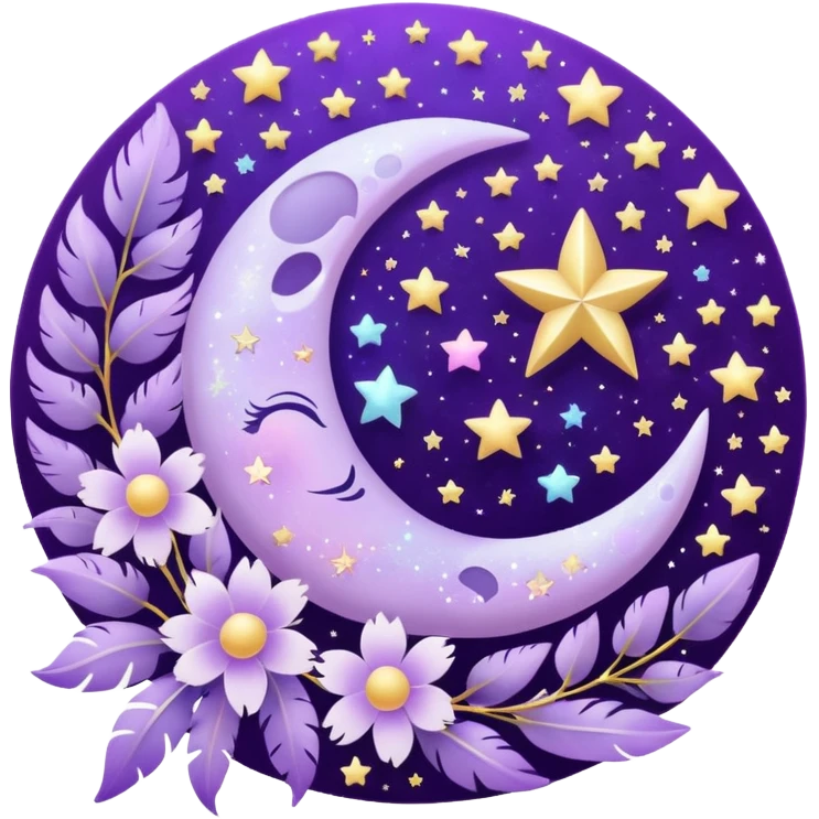 Beautiful poetic magical aesthetic sparkly glittery shiny pretty floating pastel lilac lavender Violet moon and flowers and leaves and feathers and sparkles and stars aesthetic deco emoji