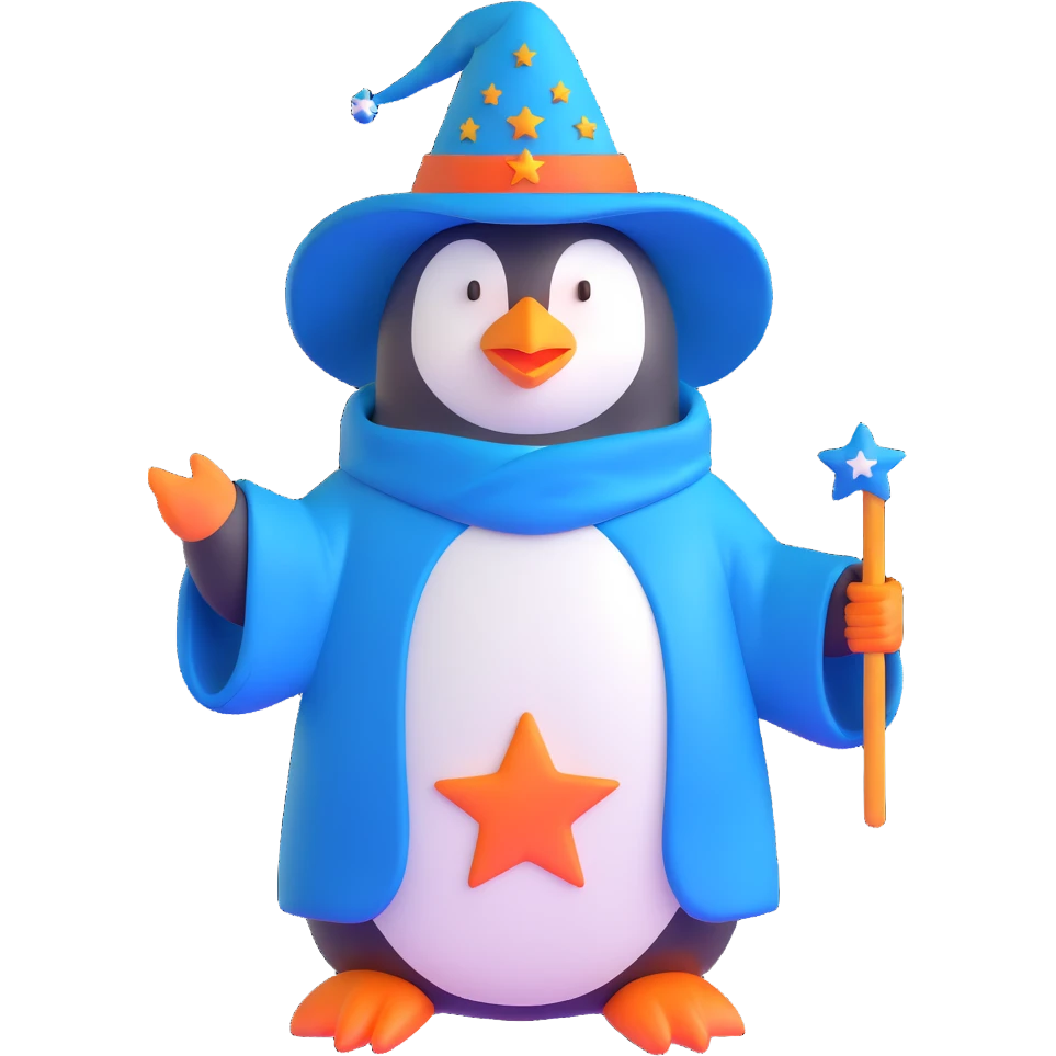 penguin wizard with a blue robe and starry hat emoji