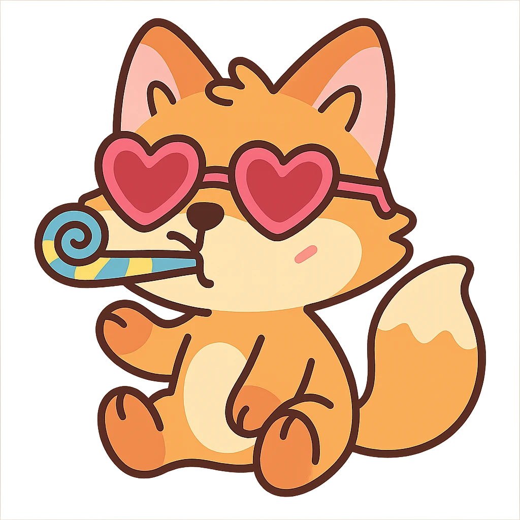 baby fox with heart glasses blowing party horn in pastel-toon style emoji