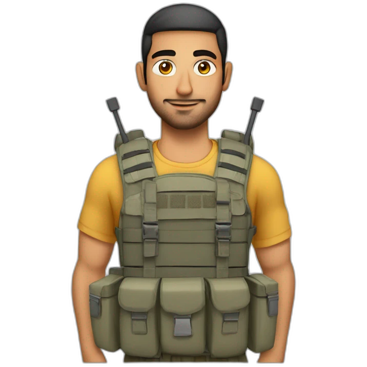 arab man wearing a large plate carrier with electrical wires connecting pockets and single analog clock on a pocket emoji