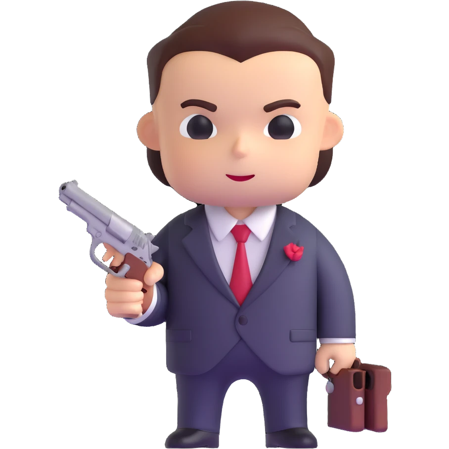adorable mafia character with suit and tiny gun emoji
