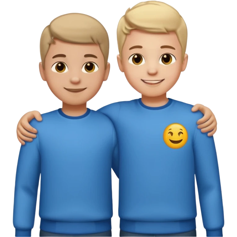 Two cartoon-style 2 boys with similar features, arms around each other's shoulders, smiling, matching outfits, standing close, white background, emoji style emoji