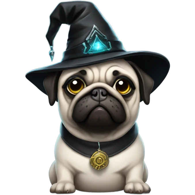cyberpunk pug wearing a black wizard's hat emoji