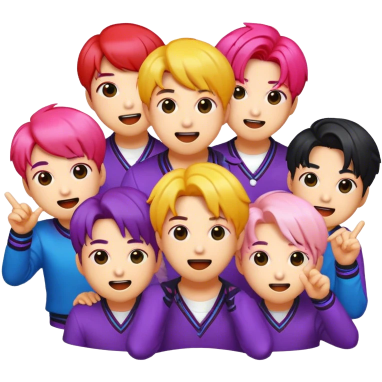 Cinematic Realistic BTS Pop Culture Emoji, featuring a dynamic, energetic portrayal of the acclaimed K-pop group rendered with vibrant textures and energetic, colorful lighting. emoji