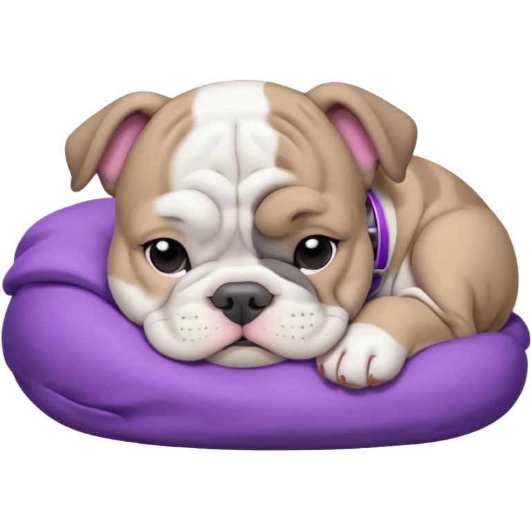 grey and white bulldog puppy sleeping with a purple collar on emoji