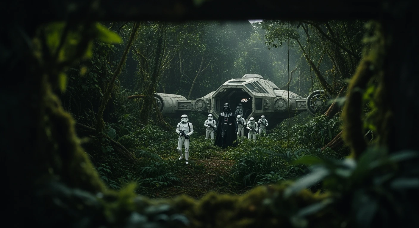cinematic still, Closeup shot, amazon jungle,  blurred plants in the foreground (frame within a frame), Darth Vader around stormtroopers coming out from starship on ground, they are exploring the jungle, inspired by StarWars movie, captured by arri alexa emoji