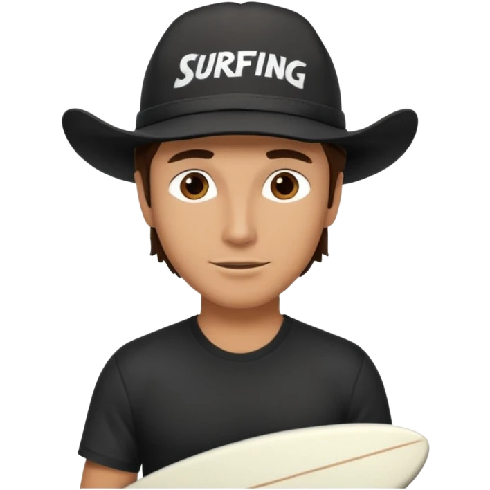 Male brunette movie producer black baseball hat that says surfing cowboys with white tshirt emoji