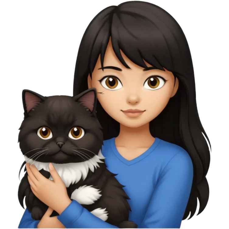 a girl with long dark brown, almost black hair with bangs, holding a fluffy black and white Persian cat emoji