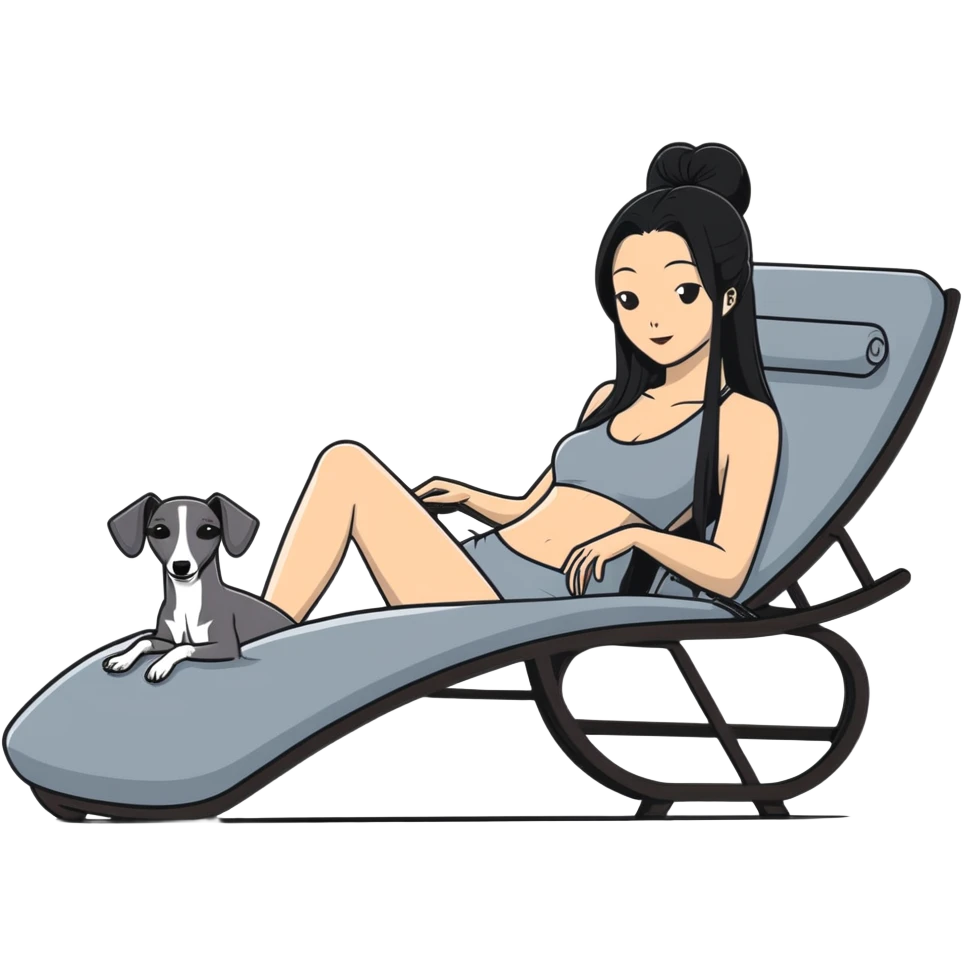 Very thin Chinese woman with long black hair relaxing on a spa lounger with exactly ONE Italian greyhound. CRITICAL REQUIREMENT: the dog must be ONE SOLID VERY DARK CHARCOAL GREY (almost black-grey) COLOR from nose to tail with NO WHITE or LIGHT AREAS anywhere - NO white face, NO white muzzle, NO white chest, NO white paws, NO white tail tip - NOTHING BUT A SINGLE SHADE OF VERY DARK GREY throughout the entire animal emoji