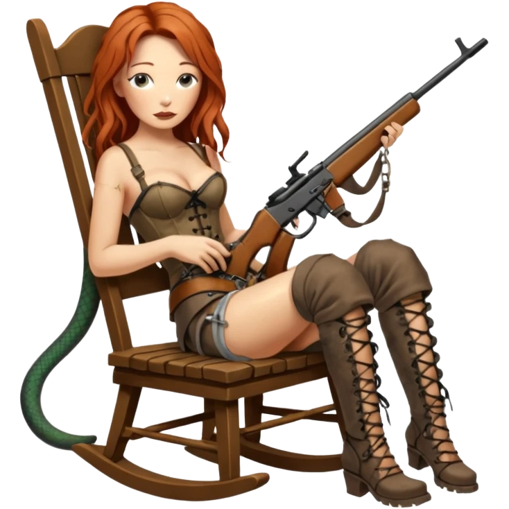 solarpunk ultra HD old and tired Tori Amos casually crouches on a rocking chair in a torn corset, holding a lintlock rifle and with muddy feet. a bronze snake wrapped itself around the chair emoji