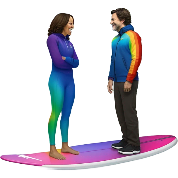 Kamala Harris wearing a rainbow “Nike Tech Fleece” on a surfboard in the snow with Justin Trudeau   emoji