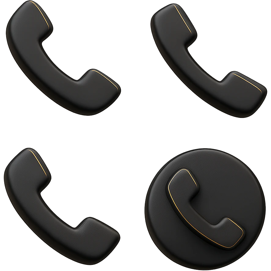 Create four variations of this phone icon in 3D Black style, each with different handset shapes, angles, and details. Emphasize depth, lighting, and a modern look. emoji