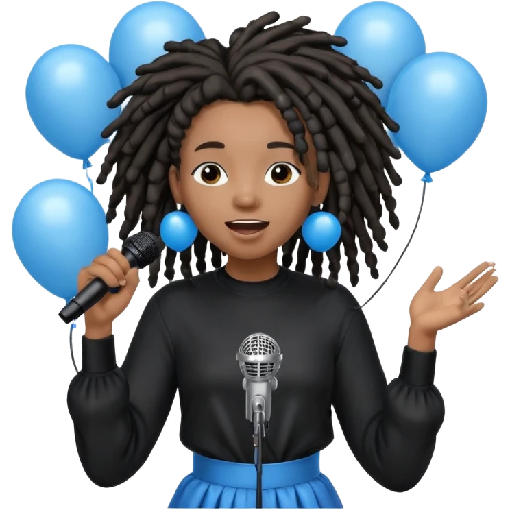 Black girl Stud with dreadlocks singing dressed in black 1,2,3 release em with white and blue balloons flying overhead emoji like with mic in hand  emoji