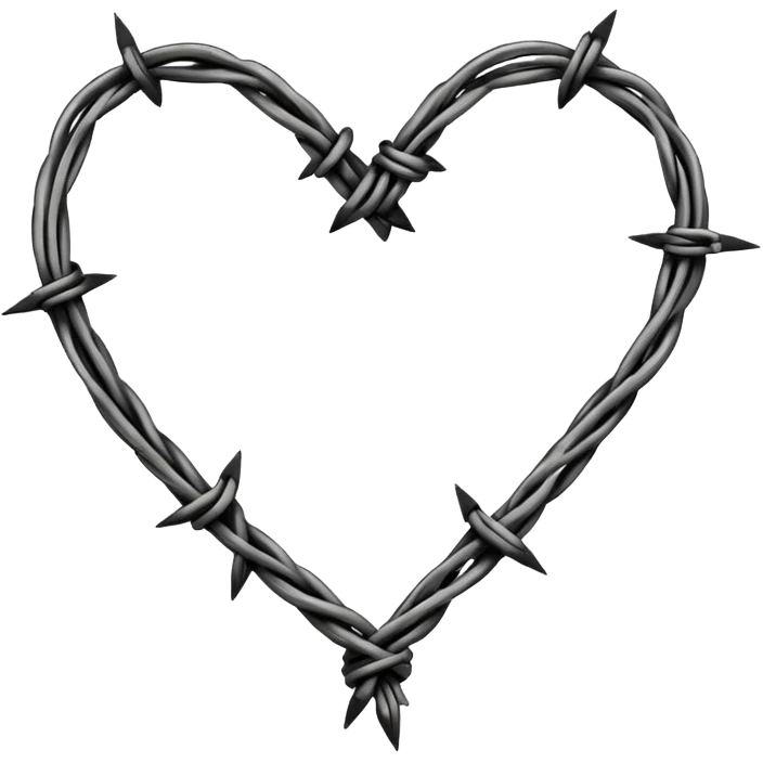 Minimal black line art heart made from barbed wire, hand-drawn sketch look, uneven ink strokes, 6–7 barbs with twisted knots, simple clean outline, centered on plain white background, high contrast emoji