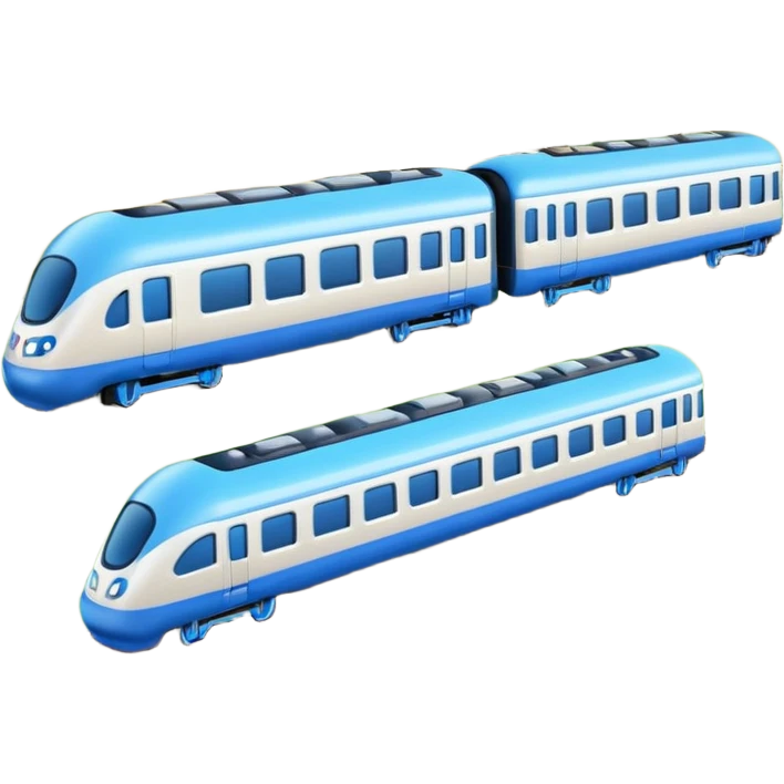 A 3D cartoon passenger train with blue carriages and visible windows, moving through countryside, Memoji-style. emoji