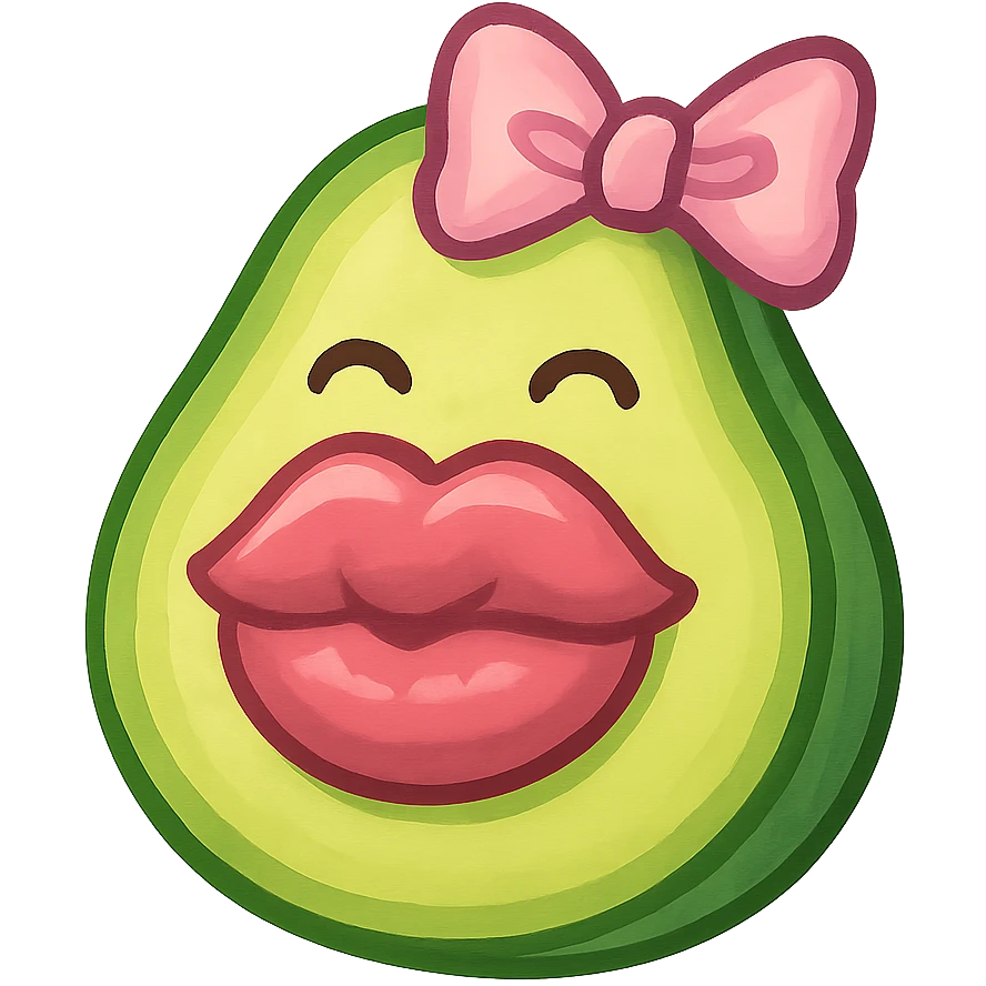Aguacate con un moño coquette y unos labios gigante emoji