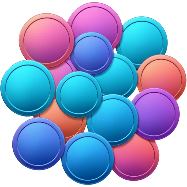 Many Coins pack 
in gradient of turquoise, blue, pink, purple, and coral
 emoji
