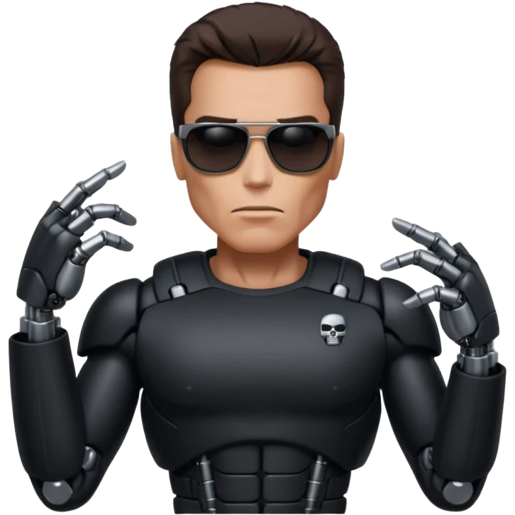 Schwarzenegger-like Terminator, upper body only, wearing his iconic clothes in black (all clothes must be black), looking human but with robotic details, and wearing dark sunglasses, hair must be dark
 emoji