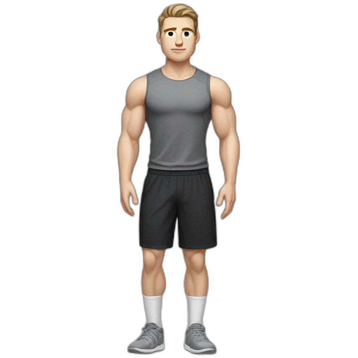 Pale skinned Fit Man With the biceps and dark brown hair in black shirt, gray sports shorts and white Sneakers emoji