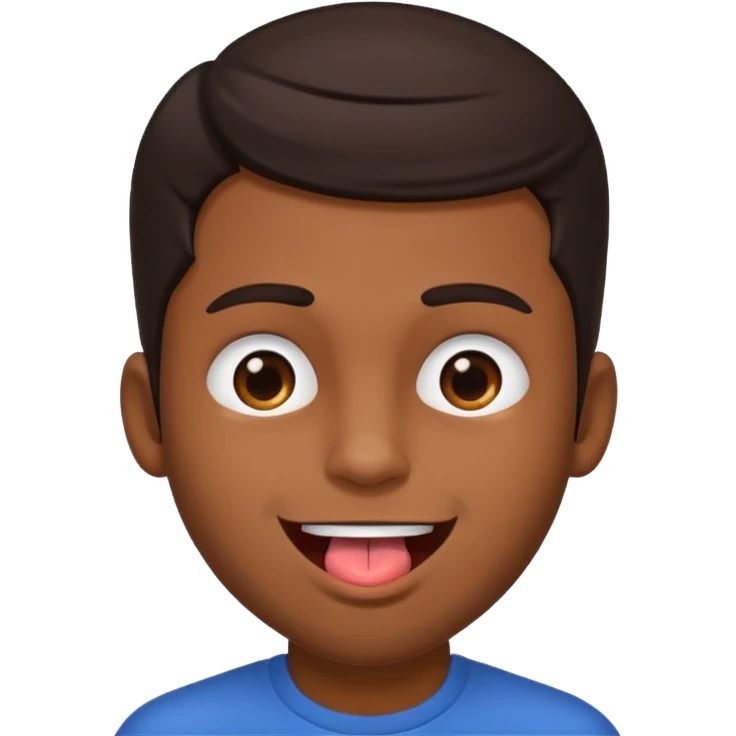 A brown skin guy with dark hair that is his covering forehead, his head is tilted back a bit and his tongue is out emoji