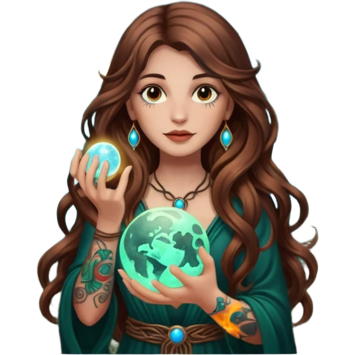 forest mystic woman long wavy brown hair tattoos holding glowing moon orb emoji