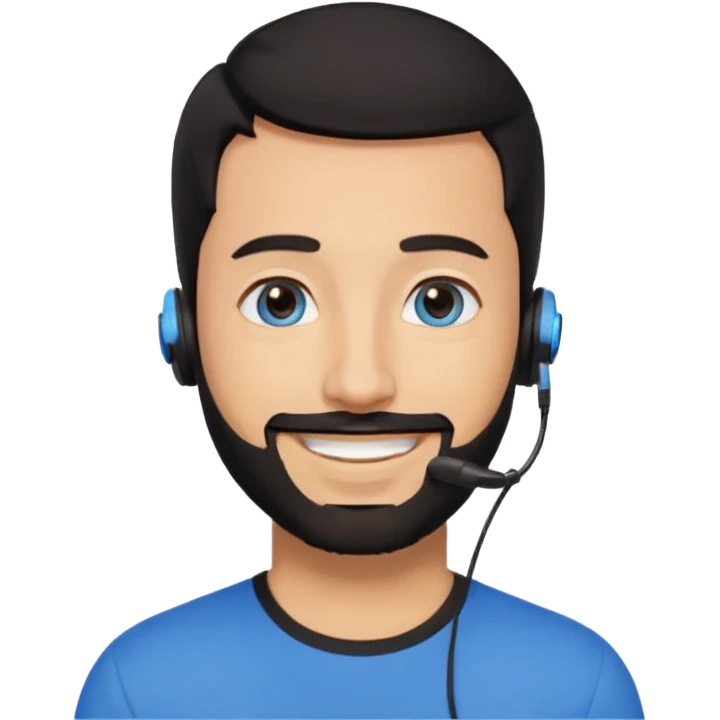 Man 30, black short hair, blue eyes and black short bears, on earpiece emoji