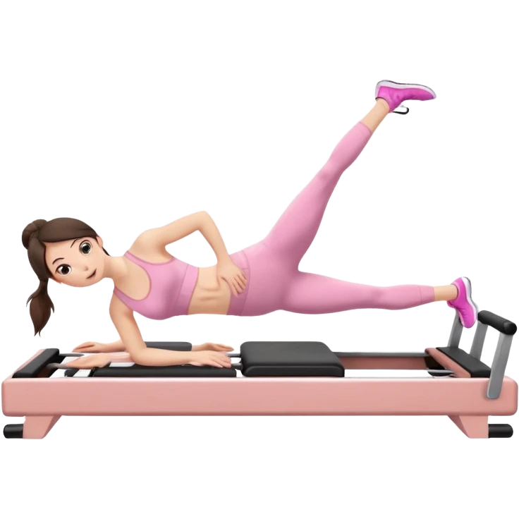 white brunette girl in light pink workout clothes doing a plank on a reformer emoji