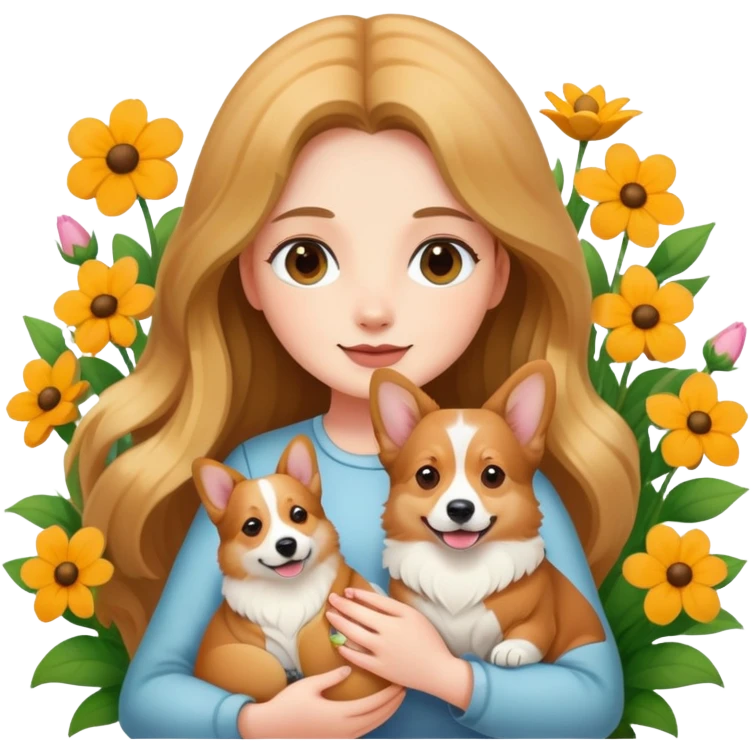 A long-haired girl holding a corgi in the flowers emoji