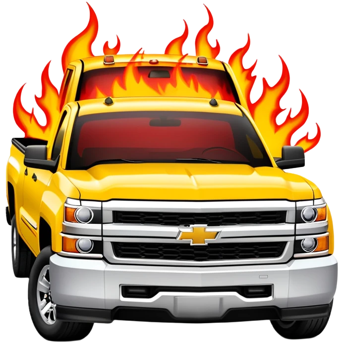 Yellow Chevrolet Silverado with custom red flame artwork specifically on the front bumper, hood remains plain yellow, authentic Kill Bill truck design, 30-degree angle, iOS emoji style emoji